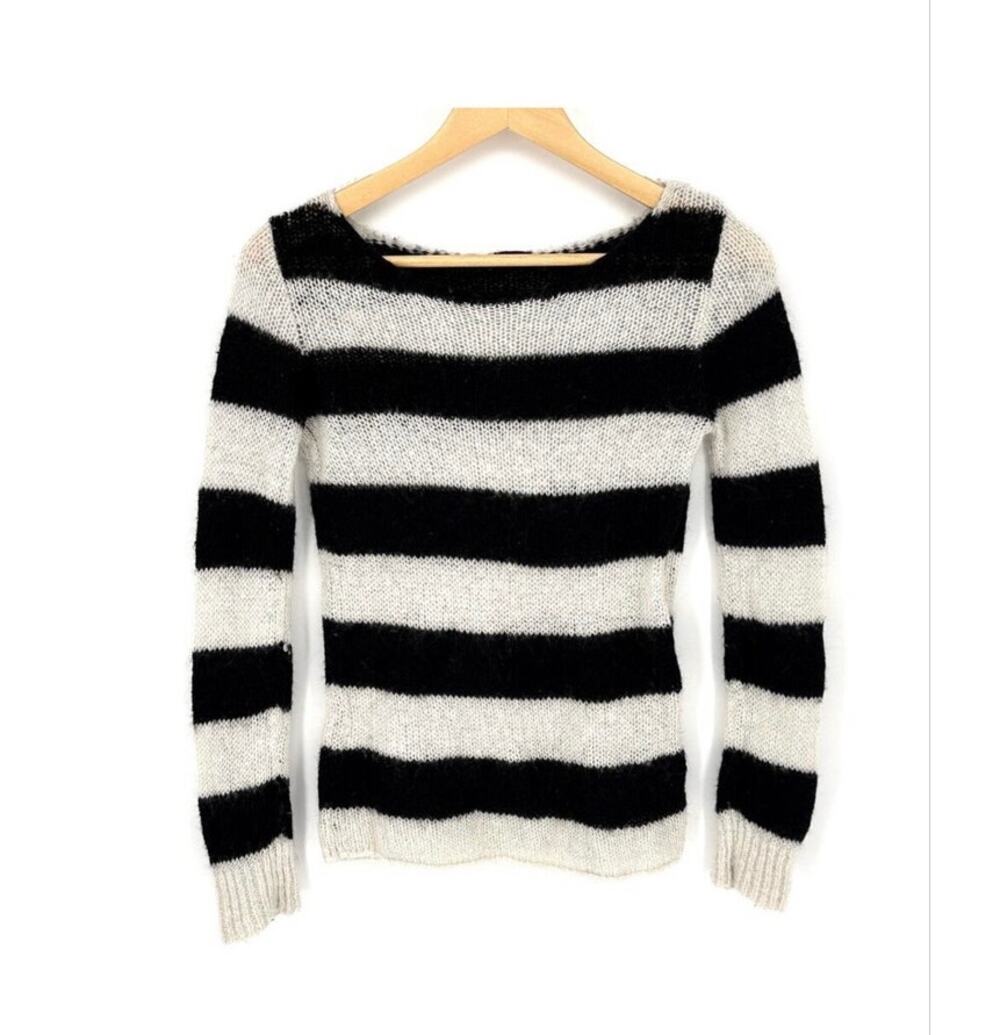 Brandy Melville fuzzy mohair pullover sweater black & white stripes boatneck OS